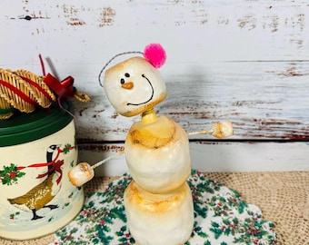 Vintage Wooden Marshmallow Snowman Triple Bobble Folk Art Holiday Cottagecore Decor
