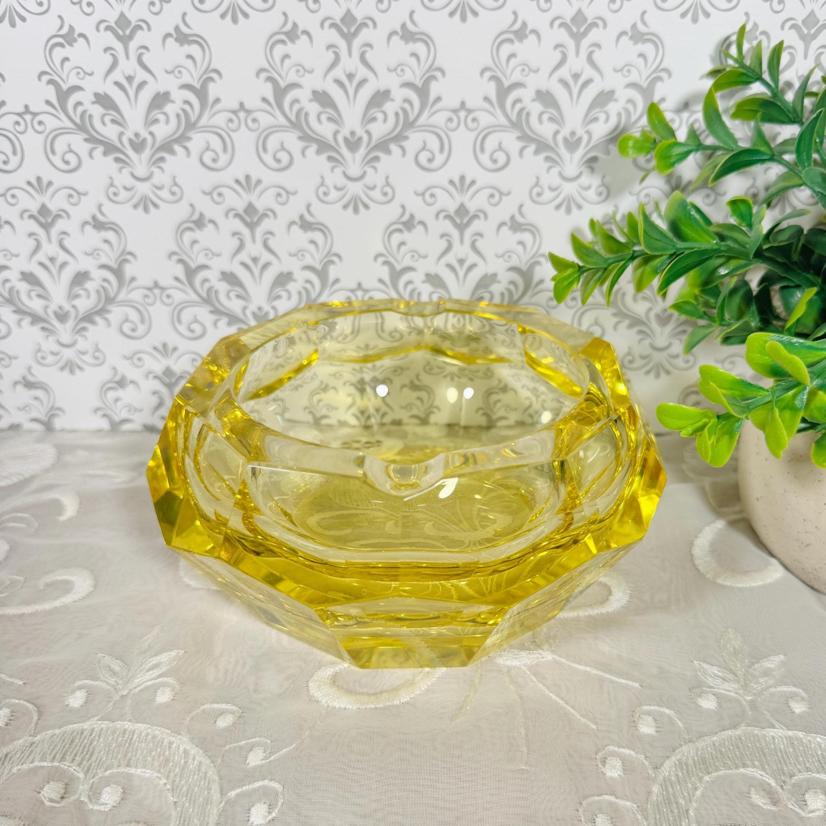 Vintage MOSER Canary Yellow Art Glass Art Deco Ashtray Diamond Cut