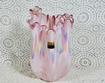 Kurata Pink Opalescent Iridescent Vase 10 Inch Ruffled Japanese Art Glass