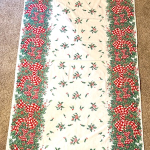 Vintage Springmaid Christmas Tablecloth: Red Gingham Bows, Holly, Evergreen (80 x 50”)
