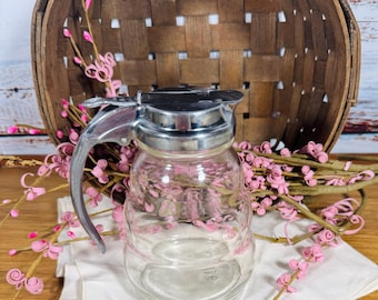 Vintage Clear Glass Bubble Syrup Pitcher / Dispenser Metal Handle - Bryant