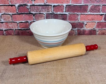Vintage Wooden Rolling Pin Red Handles 16 Inches Long - Rustic Primitive Country Farmhouse Kitchen