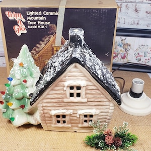 Vintage Ceramic Trim N&#39; Glo Marcia Lighted Christmas House Cabin with Peg Light Tree