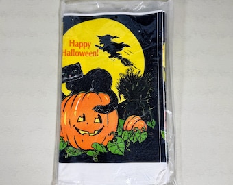 Vintage C.A. REED Halloween Tischdecke: Schwarze Katze & Kürbis, 1980er Jahre (52x96)