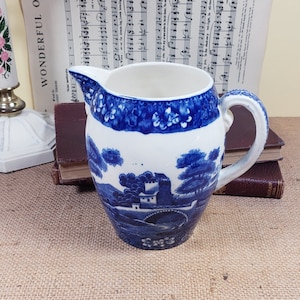 May include: Blue and white ceramic pitcher with a floral design and a landscape scene. The pitcher has a handle and a spout.