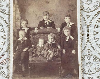Victorian Sibling Portrait • Seven Children • Gothic Western Cabinet Card • Frontier Family