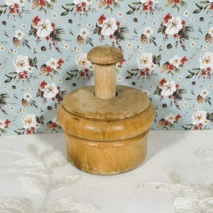 Antique Primitive Round Cow & Wheat Wood plunger BUTTER MOLD PRESS Rustic Farmhouse