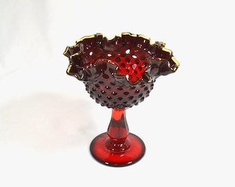 Fenton Ruby Red Double Crimped Amber Crest Hobnail Pedestal Candy Dish Compote