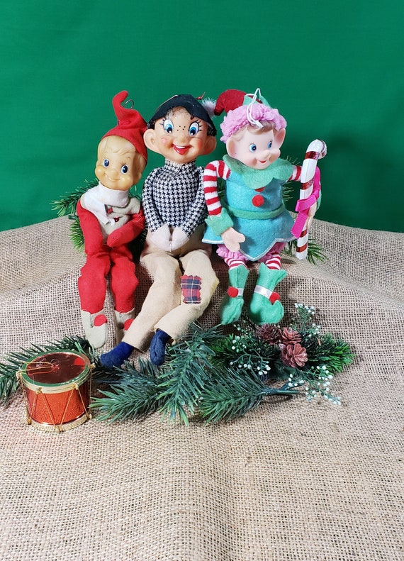 Lot of 3 Vintage Knee Huggers Christmas Elves Pixies Japan Shelf Sitter Ornaments