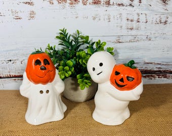 Paar Vintage Halloween Geist und Jack-O-Lantern Keramik Votiv Teelichthalter