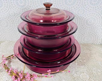 Vintage Corning Ware Cranberry Visions 8 Piece Set - 4 Casserole Bowls With Lids