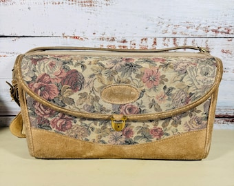 Vintage Wildleder Gobelin Zug Koffer • Norma Bumbaca • Tablett Spiegel Gepäck Tote