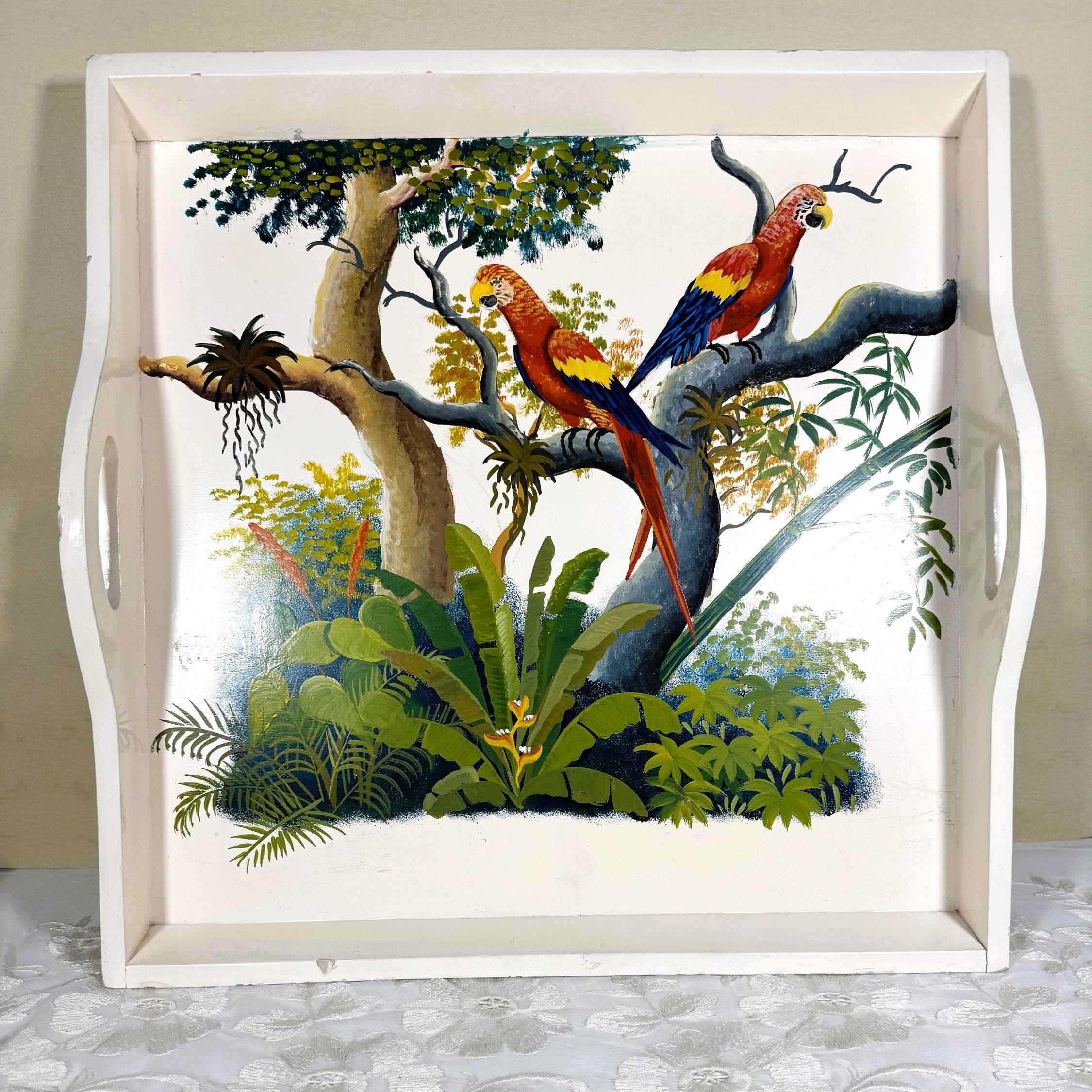 Plateau décoratif peint à la main avec motif de perroquet Fauna