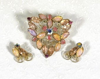 Vintage Rosa Konfetti Navette Aurora Borealis Kristall Brosche und Ohrringe Set
