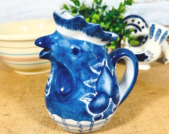 Vintage Ceramic Blue and White Chicken Rooster Water Milk Cream Pitcher - French Country Farm