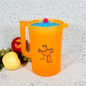 Vintage Tupperware Orange Pitcher FK Bird Graphic Fred Kail Aqua Lid Purple Button