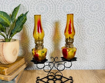 Rare Hong Kong Flashed Glass Mini Oil Lamps with Wrought Iron Double Stand