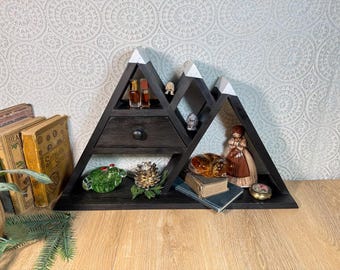 Rustic Mountain Range Curio Shelf with Drawer Cottagecore Crystal Miniature Display Organizer