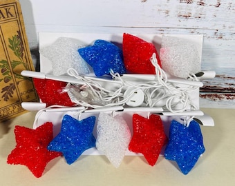 Vintage Patriotic Popcorn Star Lights 10ct Rot Weiß Blau NOS Geschmolzenes Kunststoffdekor