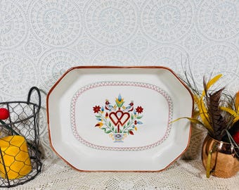 American Scenic Raintree Folk Art Platter 13 Inch Vintage Birds Heart Floral Server