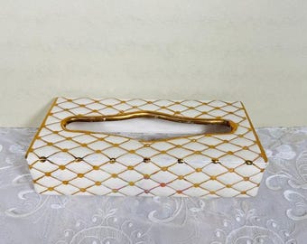 Vintage Ceramic Tissue Box Cover – White Opalescent Gold Lattice Vanity Decor