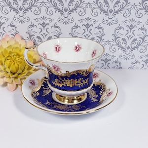 Vintage Paragon Teacup and Saucer: Pembroke Pink Roses, Cobalt Blue, English China
