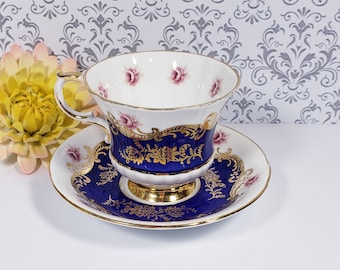 Vintage Paragon Teacup and Saucer: Pembroke Pink Roses, Cobalt Blue, English China