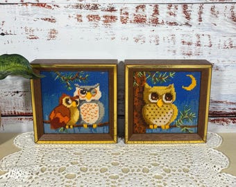 Vintage 1970er Jahre Eule Handarbeit Kunst Paar in Box Frames Celestial Cottagecore Decor