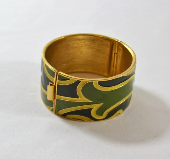 Vintage Hinged Jungle Camo Design Chunky Enamel G… - image 2