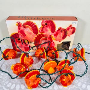 May include: A set of 10 turkey-shaped lights in orange and red, strung on a green wire. The lights are displayed in front of a box with the words "10 light turkeys" printed on it.