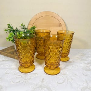 Set of 4 Vintage Colony Whitehall Amber Iced Tea Glasses Tumblers Pedestal Base -Flared Rim- Indiana Cubist