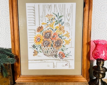 Vintage 1988 Sunflower Cross Stitch Framed Rustic Pine Cottagecore Wall Art Handmade