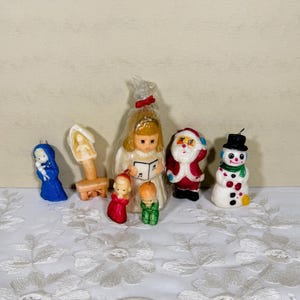 Vintage Gurley Christmas Candles: Tavern Santa, Snowman, Angel, Nativity (Lot of 7)