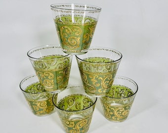 Vintage Culver Baroque Emerald Double Rocks Glasses Set of Six Signed 22k Mid Century