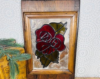 Vintage Stained Glass Rose Cabinet Door Panel Rustic Cottagecore Salvaged Wood Wall Decor