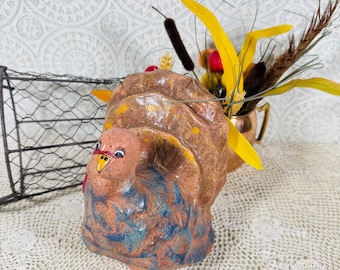 Vintage Paper Mache Turkey Figurine 7 Inch Fall Décor Folk Art Thanksgiving Display