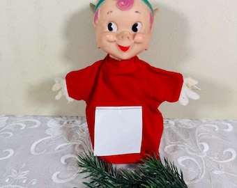 Vintage Kresge Elf Puppet – 1950s Christmas Hand Puppet – Rubber Face – Felt Hands