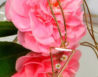 Pressed Wildflower Resin Necklace: Gold Tone Triangle Pendant