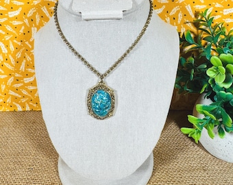 Vintage MCM Aqua Confetti Foil Cabachon Pendant Necklance - Mermaid Vibes!