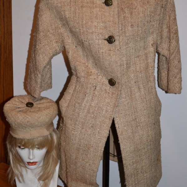 1960's True Vintage Mod "That Girl" Style Camel Colored Nubby 3/4 Sleeve Jacket With Matching Pillbox Hat*****Reserved for Claire*****