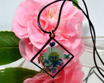 Resin Necklace: Handmade Pressed Blue Wildflower and Fern Pendant