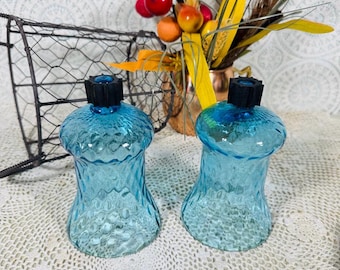 L.E. Smith Blue Optic Peg Candle Cups Vintage Colonial Glass 5 Inch Pair Holders