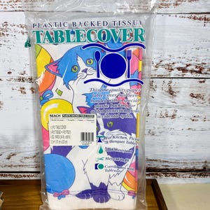 Tovaglia vintage in tessuto con retro in plastica, motivo gattini e palloncini al neon di Lisa Frank, nuova nella confezione originale, anni '90, 54x88