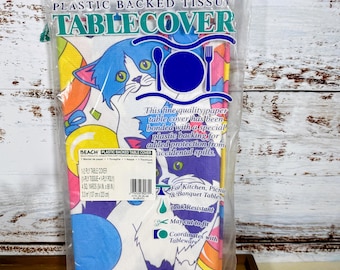 Vintage Lisa Frank Table Cover: Neon Kittens & Balloons, 1990s (54x88)