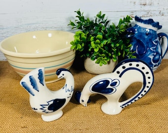 Vintage Gzhel Porcelain Rooster and Hen Figurines: Hand-Painted Cobalt Folk Art