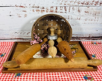 Vintage Wood Kitchen Utensil Set: Rustic Farmhouse Decor (5 Piece Lot)