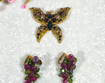 Vintage WEISS Wassermelonen Schmetterling Brosche & Ohrringe - Aurora Borealis Demi Parure Set