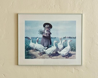 Vintage Art Sarnoff Goose Girl Print Framed Wall Art with Geese Pastoral Cottagecore Decor