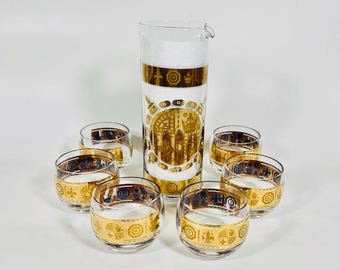 Signed Bari Fleur‑de‑Lis & Crown Martini Pitcher Set with Six Roly Polys