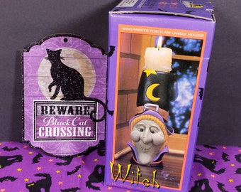 Vintage Collins International Porcelain Witch Halloween Candle Holder In Box